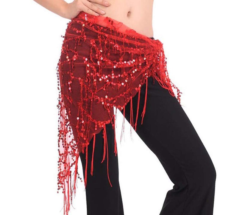 Lauthen.S Women Belly Dance Hip Scarf, Sequin Tassels Triangle Tribal Wrap Skirt Waist Chain Red - Image 1
